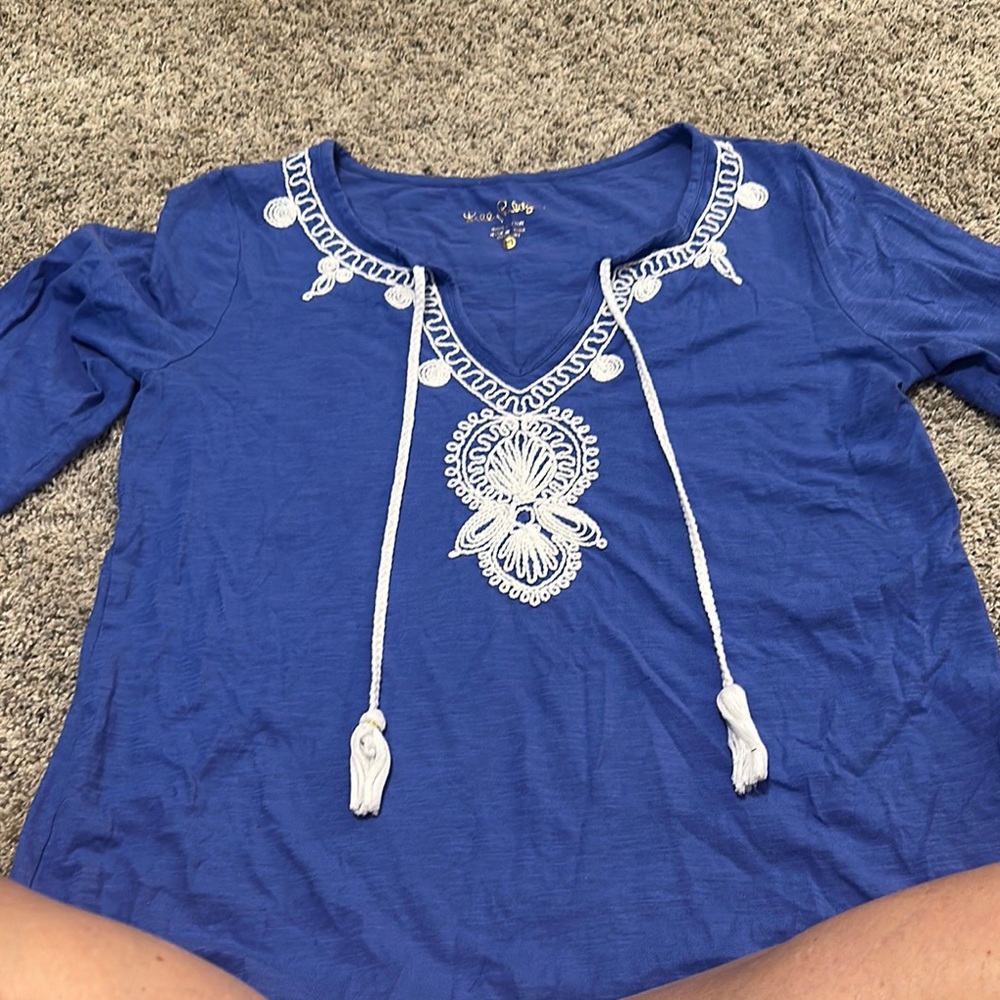 Lilly Pulitzer Blue Blouse with White Embroidery